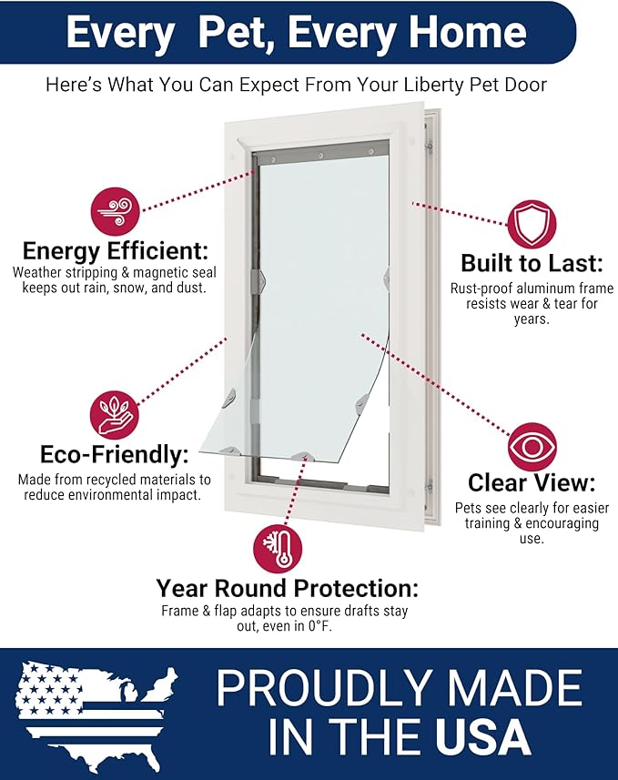 Liberty Pet Door for Doors | Clear Vinyl Dog & Cat Flap for Interior & Exterior Doors | Durable Rust-Free Aluminum Frame | White, Large, Single Flap