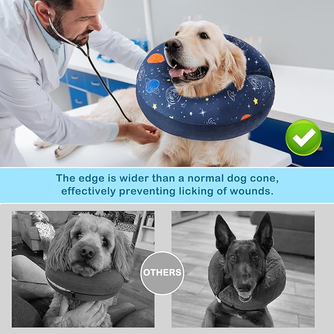 SCENEREAL Dog Cone Alternative After Surgery Donut Collar, Soft Pet Recovery Pillow Collar for Medium Large Dogs, Inflatable Adjustable Neck Collars to Prevent Licking, Planet Print E-Collars L