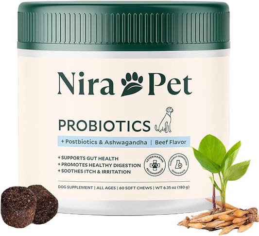 Nira Pet 5-in-1 Anti-Itch Probiotics for Dogs – 2 Strain Formula for Itching, Allergies and Gut Health with Colostrum, Postbiotics – 60 Beef Chews