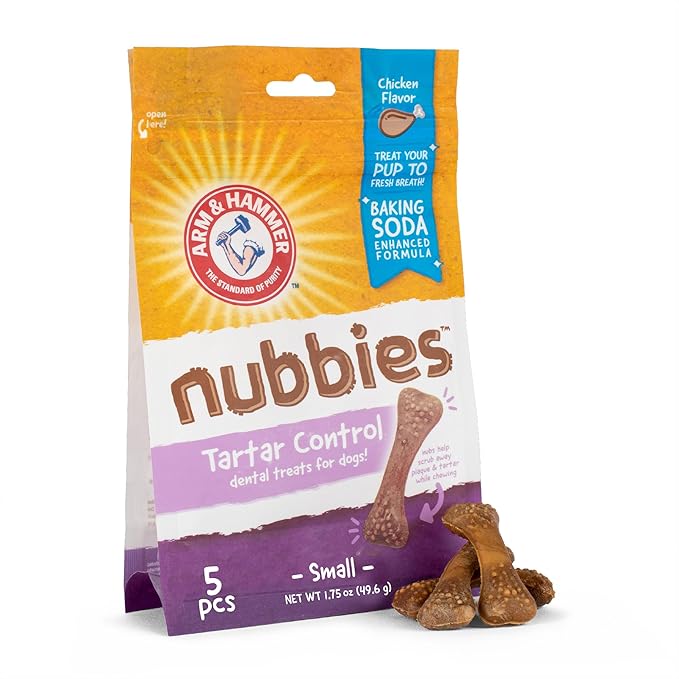 Arm & Hammer for Pets Nubbies Dental Treats - Baking Soda & Calcium Dog Dental Chews, Nubbed Texture Helps Scrub Plaque & Tartar While Chewing, Chicken Flavor, 5 Count, 1.75 Ounce