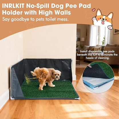 Dog Pee Pad Holder with High Walls, Portable Dog Litter Box for Inside Potty, Splash-Proof No Spill Pee Shield Pad Holder Tray for Puppies Small and Medium Dogs (Grey, Pee Pad Holder w/Grass Turf)
