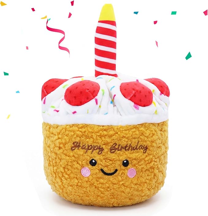 DODODOLA Stuffed Dog Toys Durable Plush Dog Toy with Crinkle Paper Cute Elephant Squeaky Dog Toys Dog Chew Toys for Medium Large Breed (Yellow Birthday Cake)