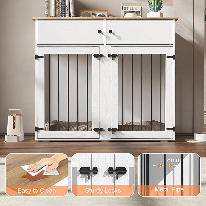 Large Dog Crate Furniture, 41 Inch Dog Kennel Indoor with Removable Divider & Double Doors, Wooden Dog Crates for 2 Dogs, Dog Crate Table for Large/Medium Dogs, White