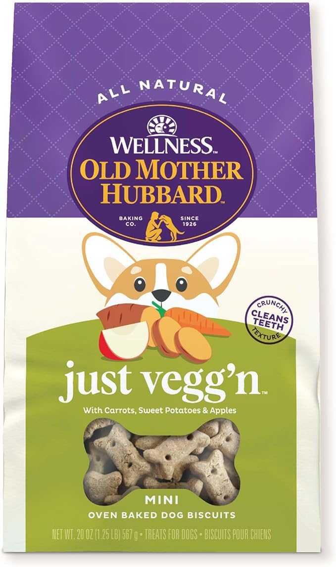 Wellness Old Mother Hubbard Classic Just Vegg'n Dog Biscuits, Natural Training Treats, Sweet Potato, Oats, Apple and Carrot Flavor, Mini Size, 20 oz Bag