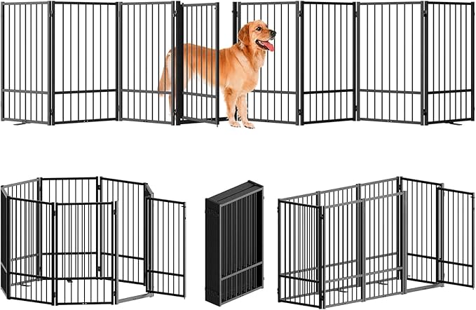 SNUOWU Full Metal Freestanding Dog Gate with Door, 36''Height Foldable Pet Dog Fence for Indoor & Outdoor, 8 Panels Extra Wide Free Standing TallDog Gates for Doorways,House,Stairs,Porch,Deck,Yard