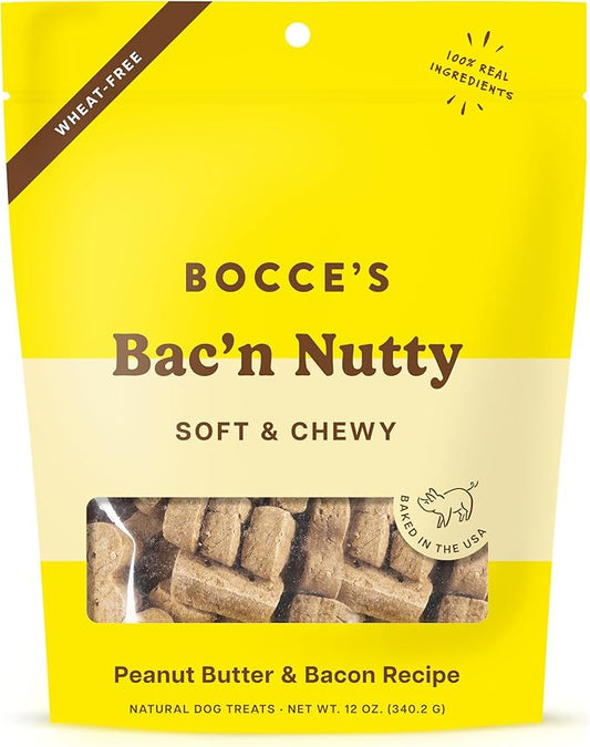 Bocce's Bakery Bac'n Nutty Soft & Chewy Dog Treats, Wheat-Free PB & Bacon Flavored Natural Limited Ingredient Oven Baked Cookies for Dogs, 12 oz