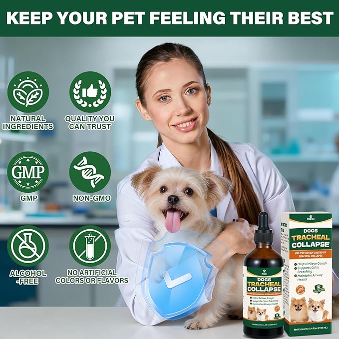 Dogs Tracheal Collapse Supplement, 4 FL OZ Trachea Cough Elixir, Dog Cough Relief for Dry Cough Goose Honk & Smooth Breathing, Natural Herbs Respiratory Support Drops - Bacon Flavor