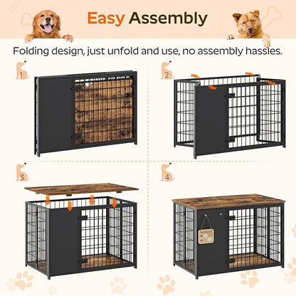 YATINEY Foldable Dog Crate Furniture, Dog Crate with DIY Frame, Heavy Duty Dog Kennel Indoor with Hooks, Wooden Dog Cage End Table, for Small/Medium Dogs, Rustic Brown and Black DC95BR