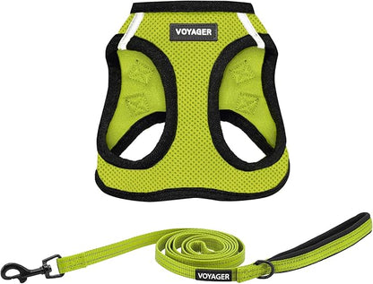 Best Pet Supplies Voyager Step-in Air All Weather Mesh Harness and Reflective Dog 5ft Leash Combo with Neoprene Handle, for Small, Medium and Large Breed Puppies - Set (Lime/Black Trim), Medium