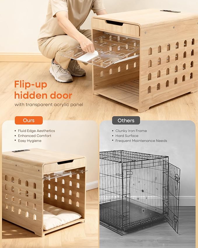 Modern Dog Crate Furniture with Charging Station Medium Kennel Indoor with Flip-up Hidden Acrylic Door for Small and Medium Breeds up to 50lb Wood Pet End Side Table Cage, Oak