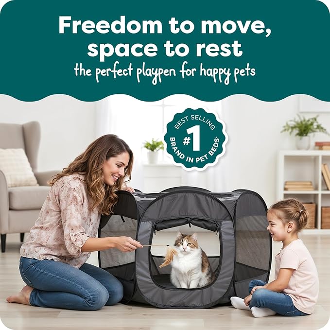 FurHaven Portable Pet Playpen for Dogs & Cats - Foldable Indoor Kitten Playpen with Mesh Sides, Pop Up Travel Dog Pen, Small, Gray