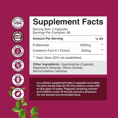 D Mannose with Cranberry Supplement - D Mannose 1000mg per Serving Capsules for Kidney Defense Support & Cleanse and Urinary Tract Health for Women & Men - Adults Bladder Health Supplement - 120 Count