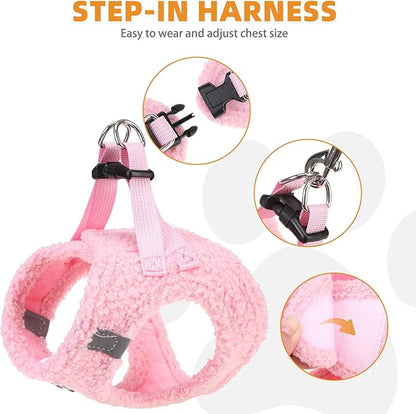 KOOLTAIL Plush Small Dog Harness and Leash Set, Warm Fleece No Pull Puppy Vest for Winter, Lightweight Reflective Step in Pet Harness for Medium Sized Dogs Boy Girl Outdoor Walking Cute Soft, Pink M