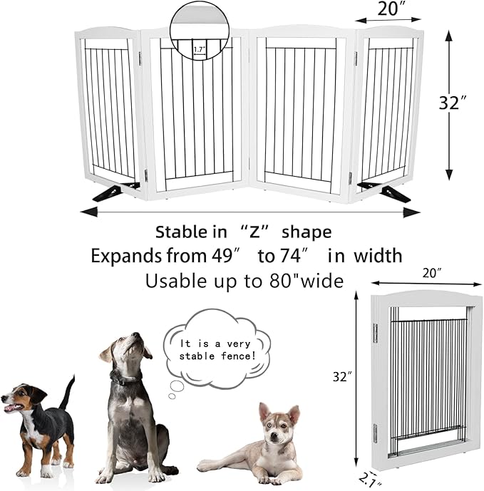 ZJSF Freestanding Dog Fence Indoor, Foldable Dog Gate for Doorways, Stairs or Hallways, Sturdy Wood Extra Wide Pet Gate with Support Feet for The House, White, 32 "Height-4 Panels