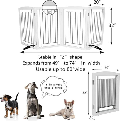 ZJSF Freestanding Dog Fence Indoor, Foldable Dog Gate for Doorways, Stairs or Hallways, Sturdy Wood Extra Wide Pet Gate with Support Feet for The House, White, 32 "Height-4 Panels
