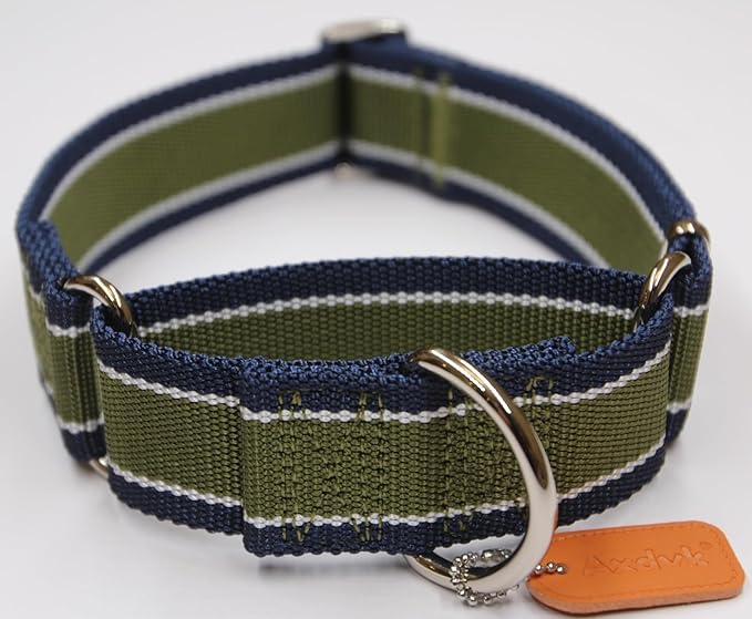 Martingale Collar 1.5 Inch Wide 1600D Extra Strong Anti Escape Nylon Dog Collar, No Pull Heavy Duty Dog Collar with 3-Color Stripe for Large to XLarge Dogs (XLarge, Army Green & Gray)