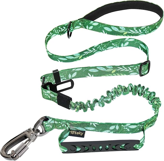 Hotsky Tactical Dog Leash Heavy Duty for Medium Large Dogs that Pull,4-6Ft Strong Bungee Shock Absorbing No Pull Dog Leash with Padded Double Handle and Car Seatbelt,Leaves