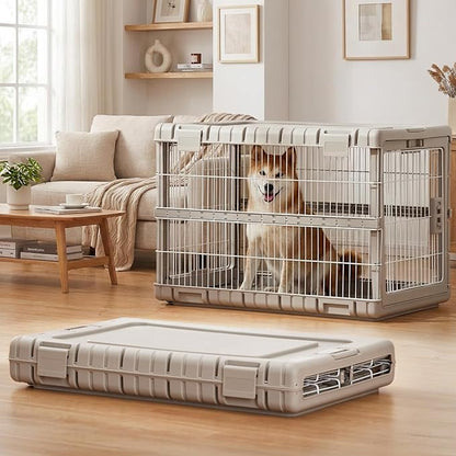 ZOMISIA Collapsible Dog Crate for Large Dogs - 36" L Heavy Duty Dog Kennel No Tools Required with 4 Sides Steel Foldable Cage for Dogs Indoor Furniture, Portable Carrier with 2 Smooth Wheels, Beige