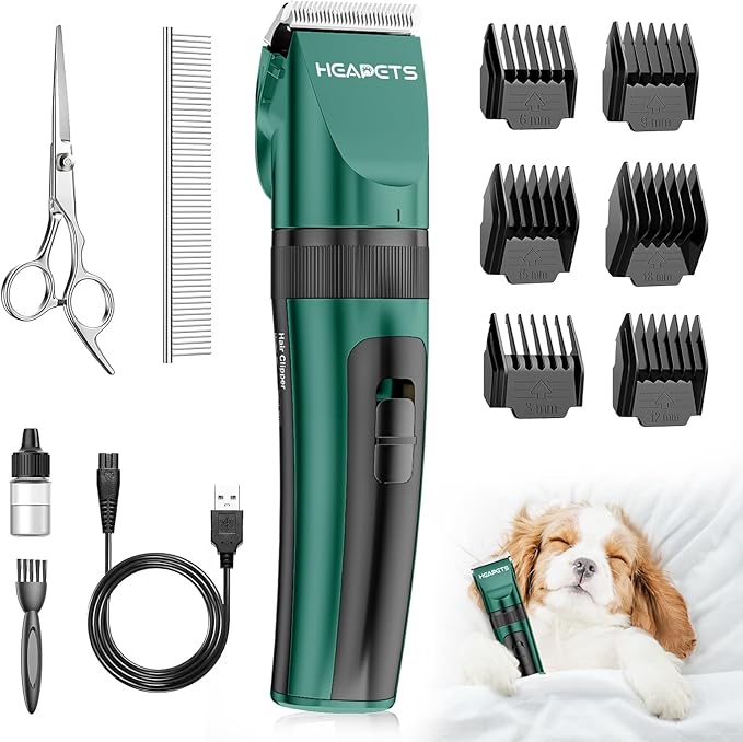 HEAPETS Dog Clippers for Grooming, Low Noise, Electric Quiet, Adjustable Clipper Comb, Rechargeable Cordless Dog Hair Clippers for Dogs Cats Pets, Green