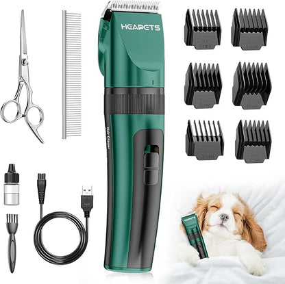 HEAPETS Dog Clippers for Grooming, Low Noise, Electric Quiet, Adjustable Clipper Comb, Rechargeable Cordless Dog Hair Clippers for Dogs Cats Pets, Green