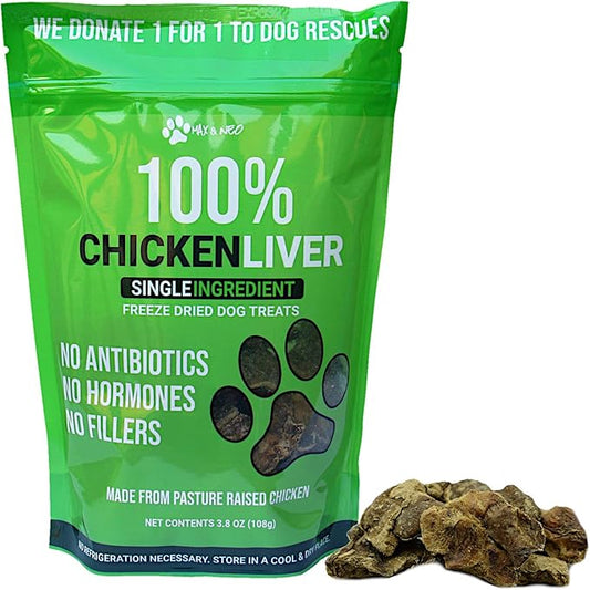 Max and Neo Freeze Dried Chicken Liver Dog Treats - Single Ingredient, Pasture Raised, Antibiotic Free, Human Grade Chicken Grown in The USA - We Donate 1 for 1 to Dog Rescues for Every Product Sold