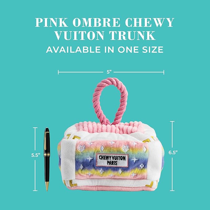 Haute Diggity Dog Chewy Vuiton Trunk Puzzle with 3 Plush Squeaky Dog Toys, Soft Durable Designer-Inspired Stuffed Puppy Chew Toys for Small & Medium Dogs, Machine-Washable (Pink Ombre) One Size