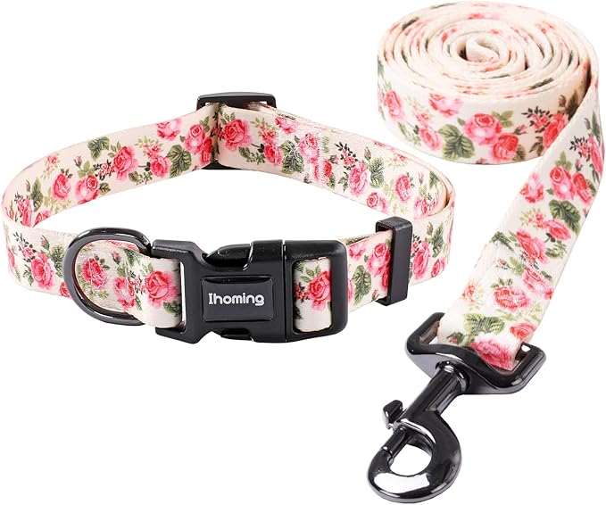 Ihoming Puppy Collar and Leash Set for Daily Outdoor Walking Running Training, Pink Flowers Design for Extra Small Boys Girls Dogs Cats Pets, XS-Up to 10LBS
