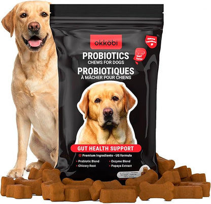 Probiotics for Dogs Chews - 60 pcs - Digestive & Gut Health Support - Probiotic Chews for Dogs with Enzymes & Natural Ingredients - US Formula - Beef Flavored