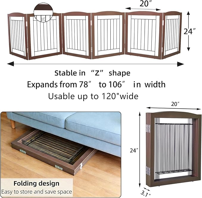 ZJSF Freestanding Foldable Dog Gate for House Extra Wide Wooden Brown Puppy Gate Stairs Dog Gates Doorways Tall Pet Gate 24 "Height 6 Panels Pet Fence