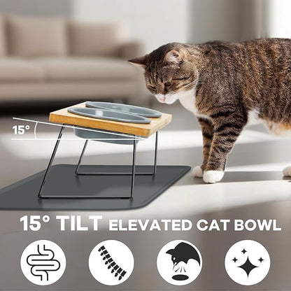 LEAWALK Upgraded Adjustable Height Cat Food Bowls Stand Ceramic Dog Bowls and Slow Feeder Cat Bowl, 15°Tilted Stand Anti Vomiting Raised for Small and Medium Sized Cats Dogs (Grey (2 Bowl+Pet mat))