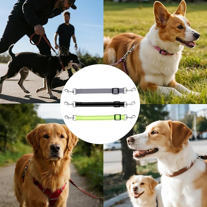 3pcs Dog Prong Collar Safety Clip, Adjustable Reflective Nylon Leash Extender Strap with Metal Dual Clasps 360° Rotatable Dog Harness Connector for Pet Walking Running and Hiking