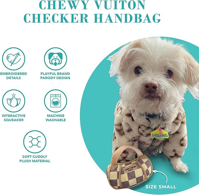 Haute Diggity Dog Chewy Vuiton Handbag Plush Squeaky Dog Toy, Soft Durable Designer-Inspired Stuffed Puppy Chew Toys for Small, Medium & Large Dogs, Machine-Washable (Tan Checker) XL