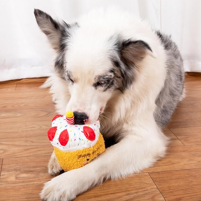 DODODOLA Stuffed Dog Toys Durable Plush Dog Toy with Crinkle Paper Cute Elephant Squeaky Dog Toys Dog Chew Toys for Medium Large Breed (Yellow Birthday Cake)