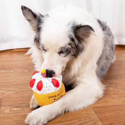 DODODOLA Stuffed Dog Toys Durable Plush Dog Toy with Crinkle Paper Cute Elephant Squeaky Dog Toys Dog Chew Toys for Medium Large Breed (Yellow Birthday Cake)