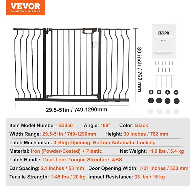 VEVOR 29.5-51" Extra Wide Safety Gate for Stairs, Auto Close Dog Gate for The House, Easy Install Pressure Mounted Pet Gates for Doorways, Easy Walk Thru Wide Safety Gate for Dog, Black