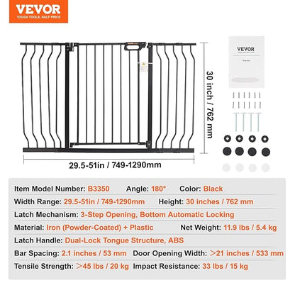 VEVOR 29.5-51" Extra Wide Safety Gate for Stairs, Auto Close Dog Gate for The House, Easy Install Pressure Mounted Pet Gates for Doorways, Easy Walk Thru Wide Safety Gate for Dog, Black