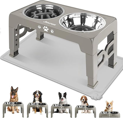 Jovrun Elevated Dog Bowls for Medium Size Dogs with Mat, Non-Slip Dog Feeder with 1*Stainless Steel Dishes & 1*Slow Feeder Bowl, 5 Heights Adjustable Raised Bowls for 3.15″-8.66″-9.84″-11.02″-12.2″