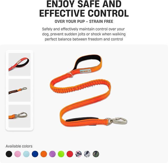 Dog Friendly Co. Bungee Dog Leash | Strain Free & Shock Resistant for Control | Neoprene Padded Handle, Heavy-Duty Carabiner Clip, and D-Ring | Red, Size Small