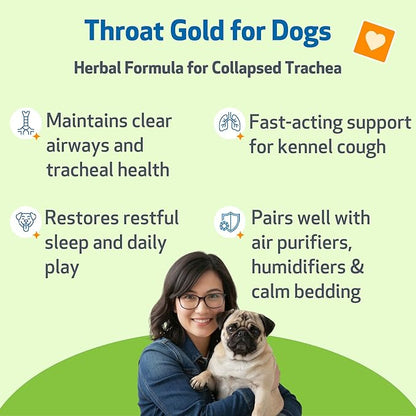 Pet Wellbeing Throat Gold for Dogs - Supports Collapsed Trachea & Throat Discomfort with Mullein & Slippery Elm for Kennel Cough - NASC Certified & Vet-Formulated 4 oz Liquid Formula