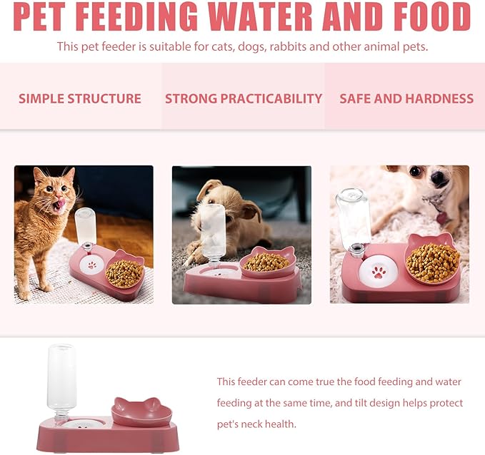 Kisangel Stable Automatic Dog Water Bowl with Dual Feeder Design Spill-Resistant Pet Food and Water Dispenser for Cats and Dogs Neck Protection Pink Pet Feeding Bowl
