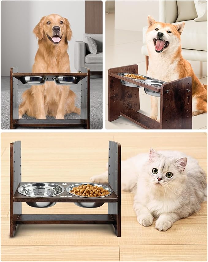 Jovrun Elevated Dog Bowls, Adjustable Raised Dog Bowl Stand for Medium Size Dogs and Cats, Durable Bamboo Dogs Feeder with 2 Stainless Steel Bowls and Non-Slip Feet, Pet Food Bowl for Medium Sizes