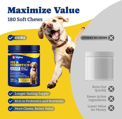 Probiotics for Dogs - Dog Probiotics for Digestive Health, Yeast, Itchy Skin, Gut Health, Immune & Skin - 6 Billion CFUs, 180 Soft Chews, Duck & Pear Flavor - with Prebiotics & Digestive Enzymes