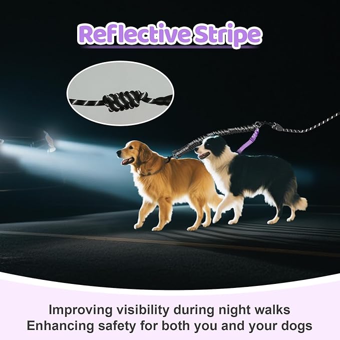 Double Dog Leash - 360°Swivel Tangle Free Splitter Attachment, 2 Dogs Multi-Functional Leashes, Dual Rope for Outdoor Walk Train Small Medium Large Two Pet, Purple