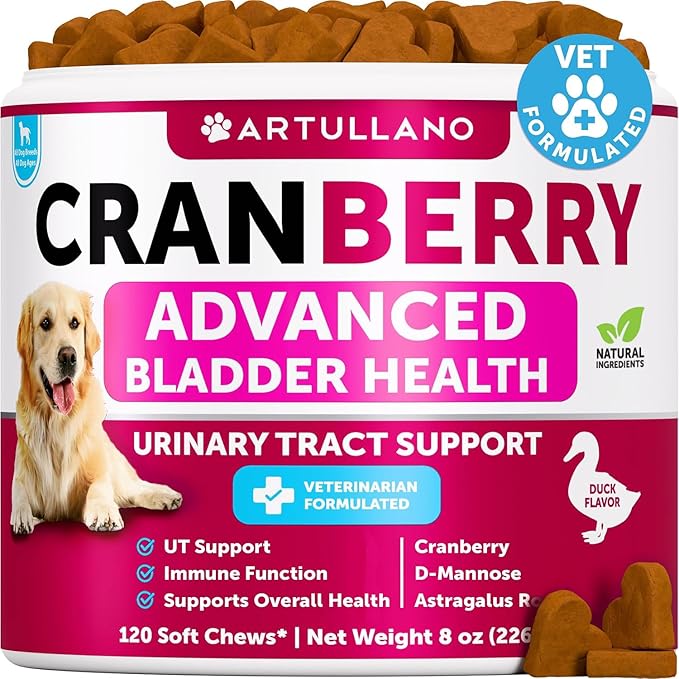 Dog UT Treats - Cranberry Chews for Dogs - Urinary Tract & Bladder Support Supplement with Natural Cranberry Extract - Tasty 120 Soft Bites for Daily Wellness with Fish Oil, Pumpkin, D-Mannose
