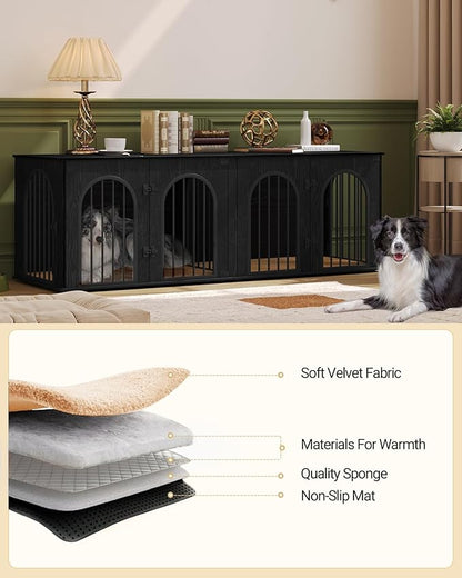 Hzuaneri 71" Dog Crate Furniture for 2 Dogs, Heavy Duty Indoor Dog Kennel TV Stand, XL Wooden Dog Cage with Divider for Medium Large Dogs, End Table Dog Crate with Cushion, Black DFC81904B