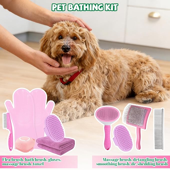 8PCS Dog Slicker Brush for Dogs Grooming Kit,Bath Grooming Kit for Pets,Hair Brush Set with Towel,Washing Gloves,Slicker Comb,and Shampoo Scrubber Brush for Small and Large Dogs and Cats Cats(Pink)