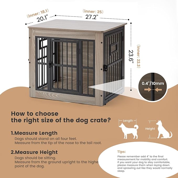 27 Inch Heavy Duty Dog Crate Furniture for Puppy/Small Dogs, Decorative Pet House End Table with 3 Doors, Wooden Cage Kennel Furniture Indoor, Rustic Grey - Without Bowls