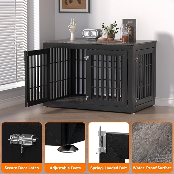 Snuowu 48" Heavy Duty Dog Crate Furniture for Small,Medium and Large Dogs,Rustic Wooden Dog Cage Kennel Indoor Furniture with Waterproof Top,Decorative Pet House Side End Table (Black & Grey)