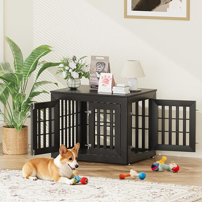 Snuowu 32" Heavy Duty Dog Crate Furniture for Small,Medium and Large Dogs,Rustic Wooden Dog Cage Kennel Indoor Furniture with Waterproof Top,Decorative Pet House Side End Table (Black)
