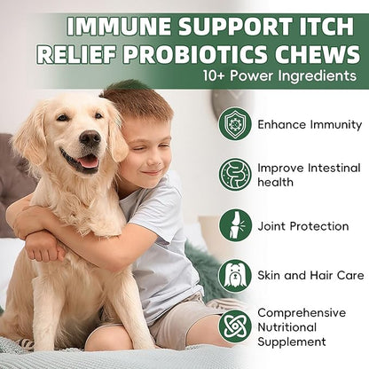 Probiotics for Dogs, Improve Itchy Skin Itchy Ears, Yeast Balance, Immune Support, Dog Probiotics (10 Billion CFU) for Dog Skin & Cost Care, Allergy Relief Chews + Vitamins Blend Chicken (120 Ct)
